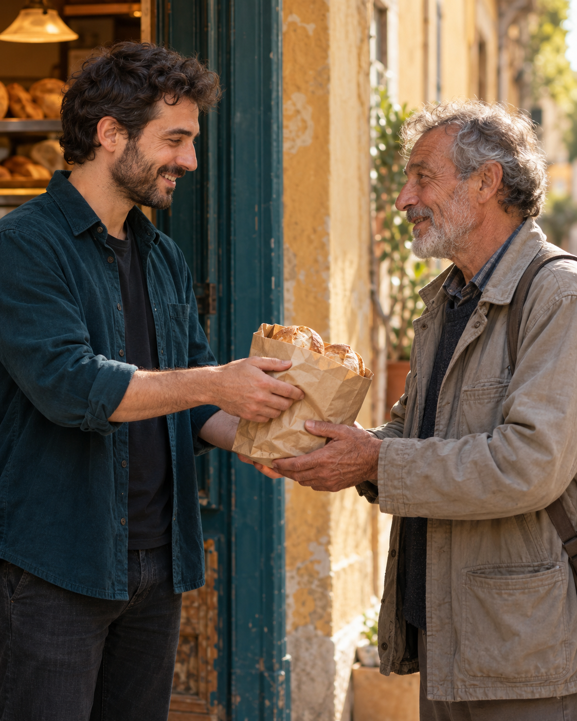 Two adults sharing a bag of bread outside a neighborhood bakery.